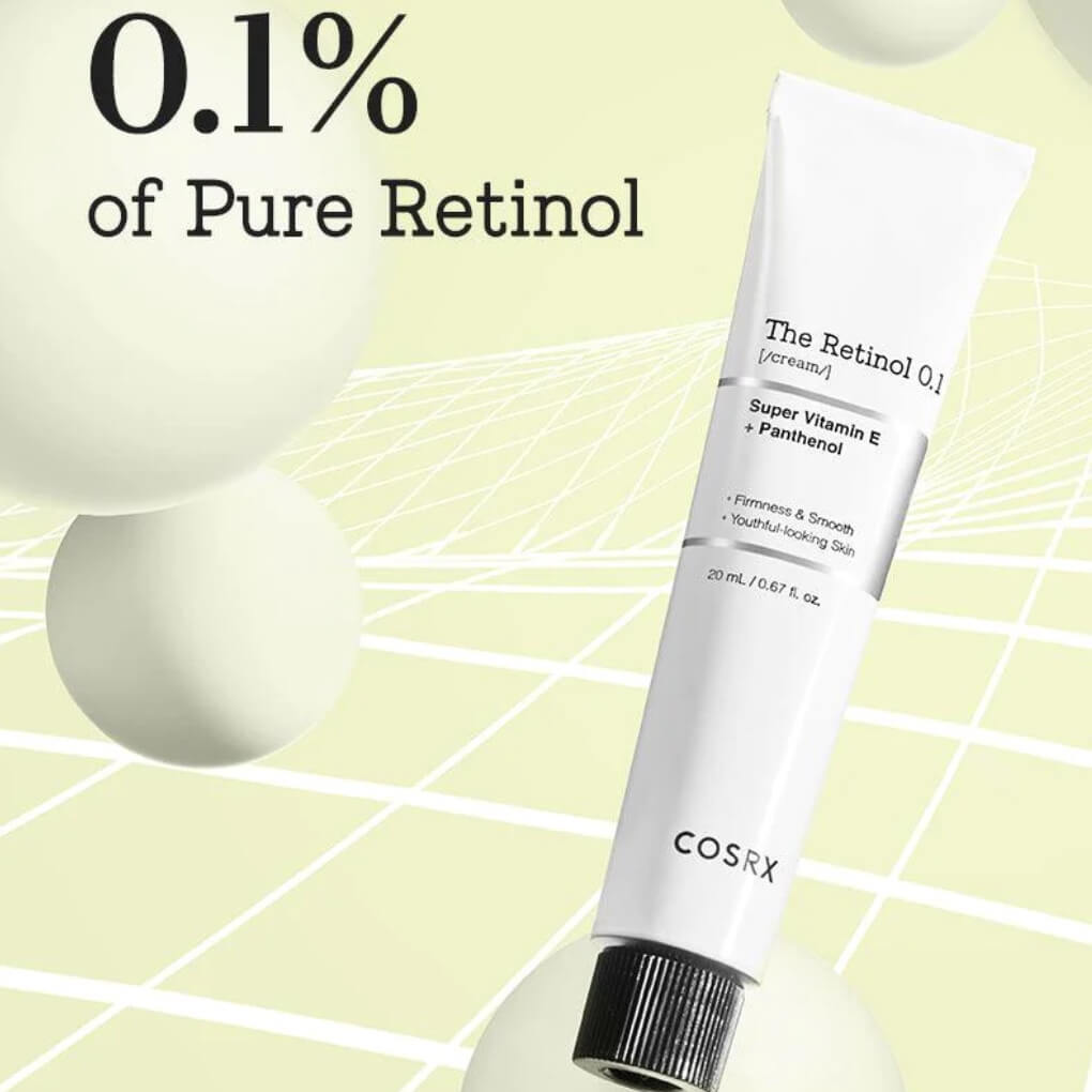 Tube of Cosrx the retinol cream floating with lemon molecules link to the product