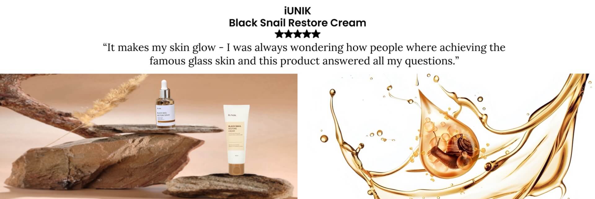 Serene image - IUNIK black snail products on top of stones link to black snail cream